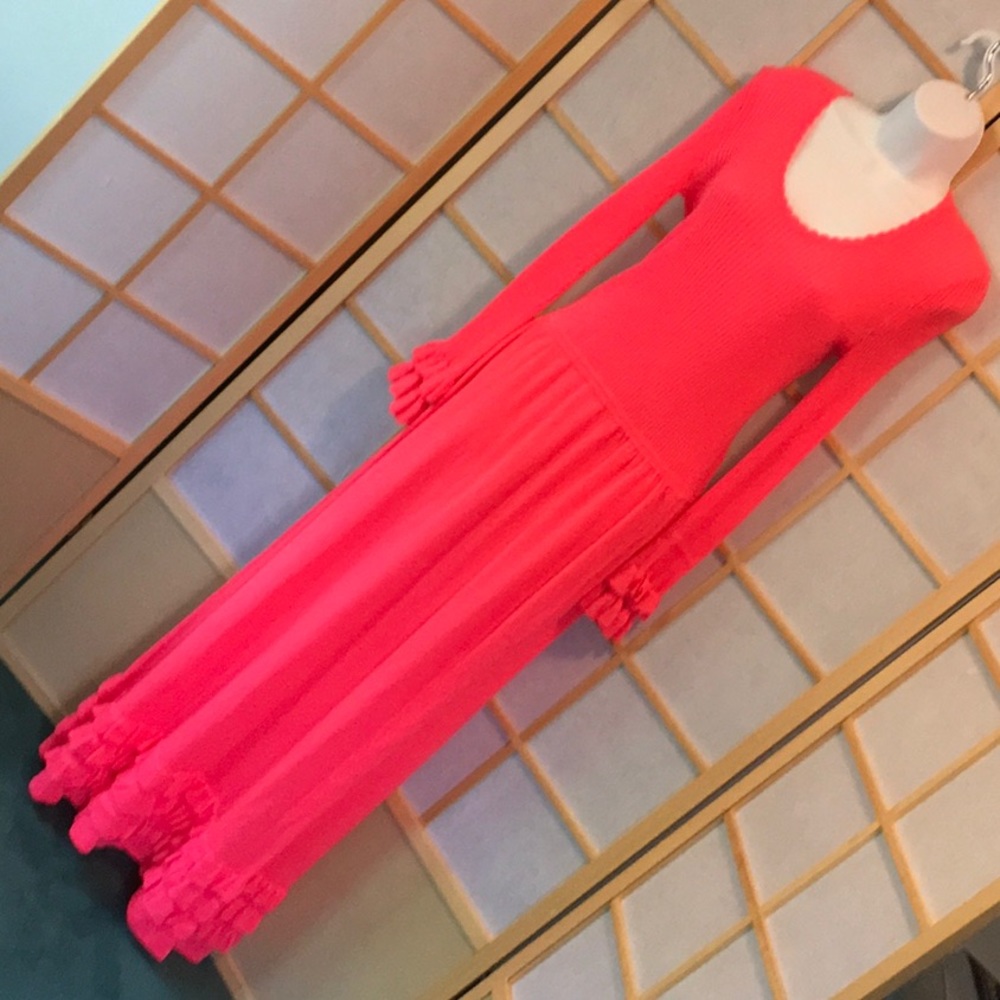 70s hot pink ribbed stretchy mod BANFF acrylic sweater dress